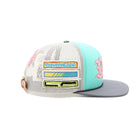 Colorful trucker hat with a pink flower design on a white background