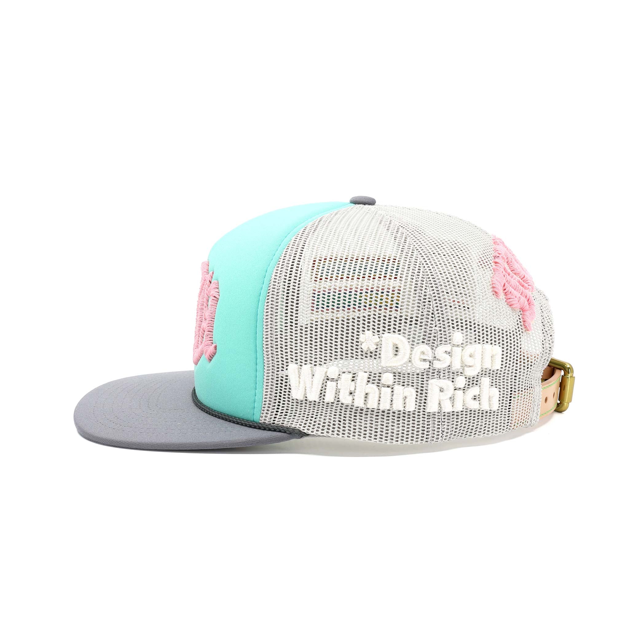 Trucker hat with turquoise front panel, gray bill, and white mesh back on a white background