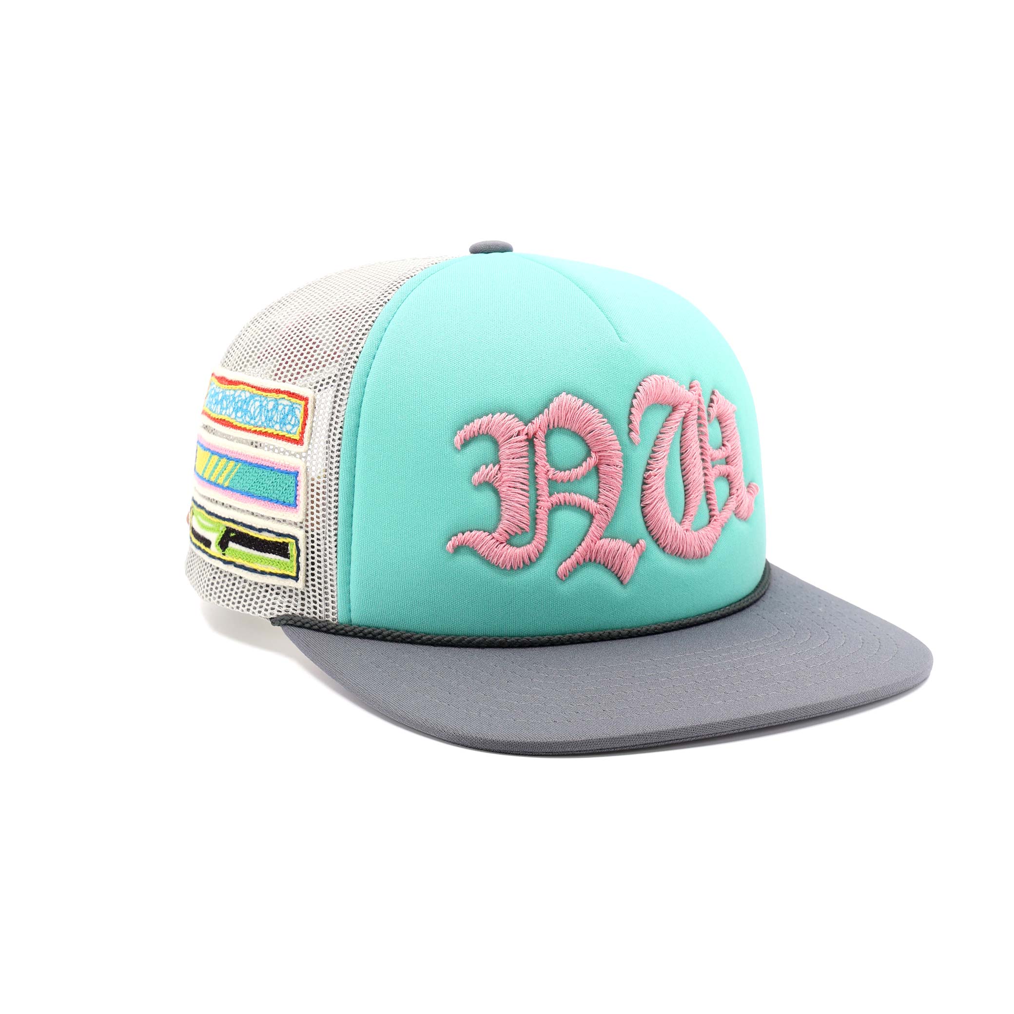 Turquoise and gray cap with pink logo on a white background