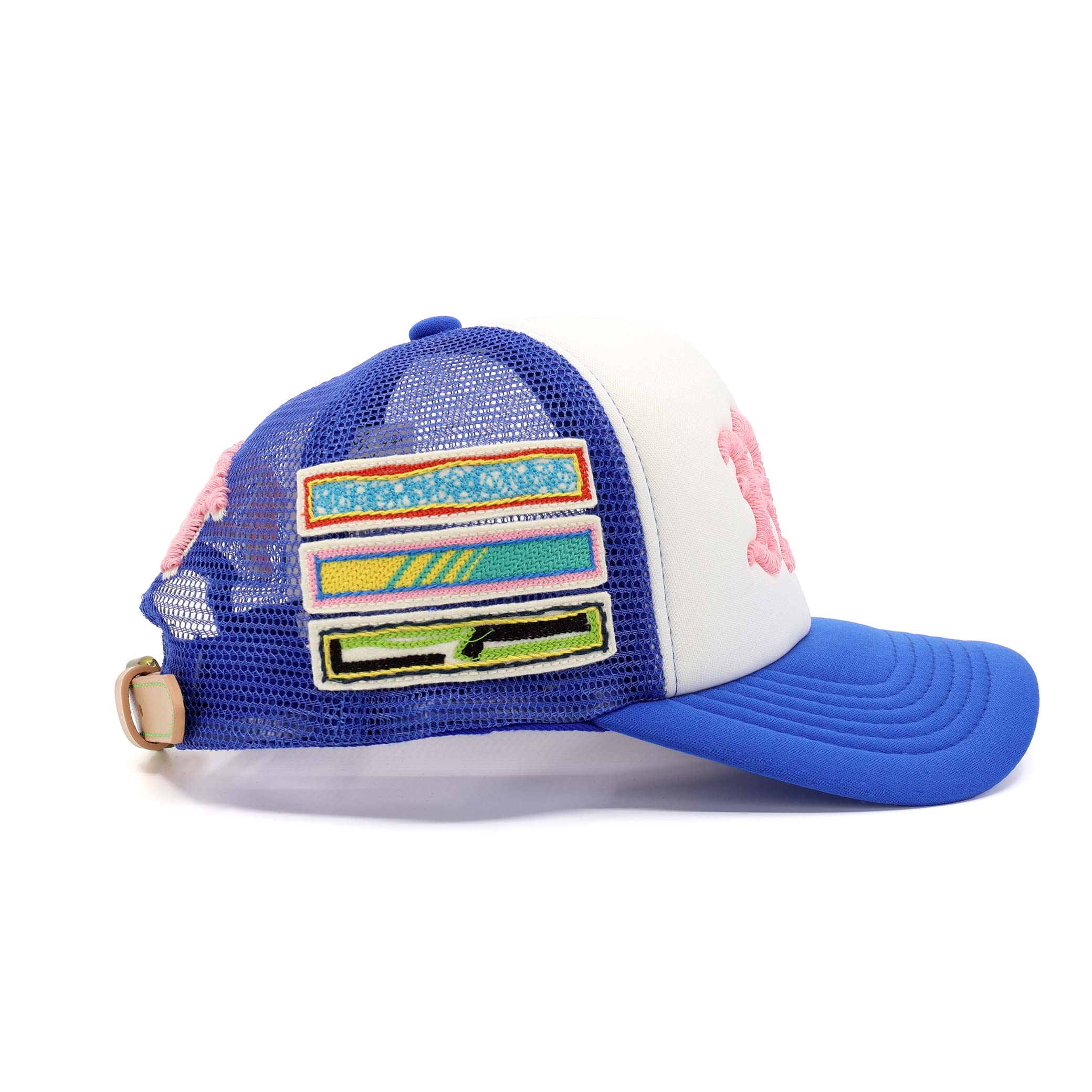 Blue and white cap with colorful design on a white background