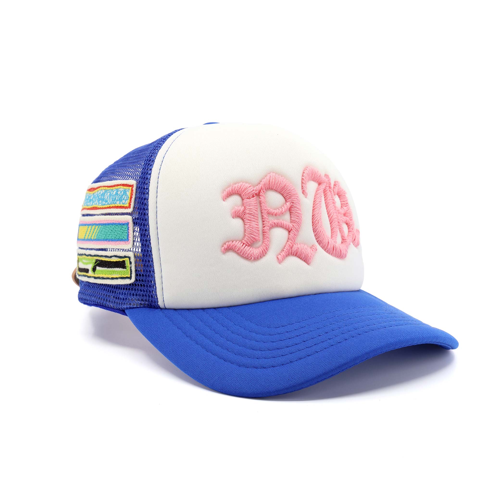 Blue and white cap with pink embroidery on a white background