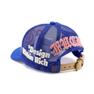 Blue mesh cap with pink and white text on a white background