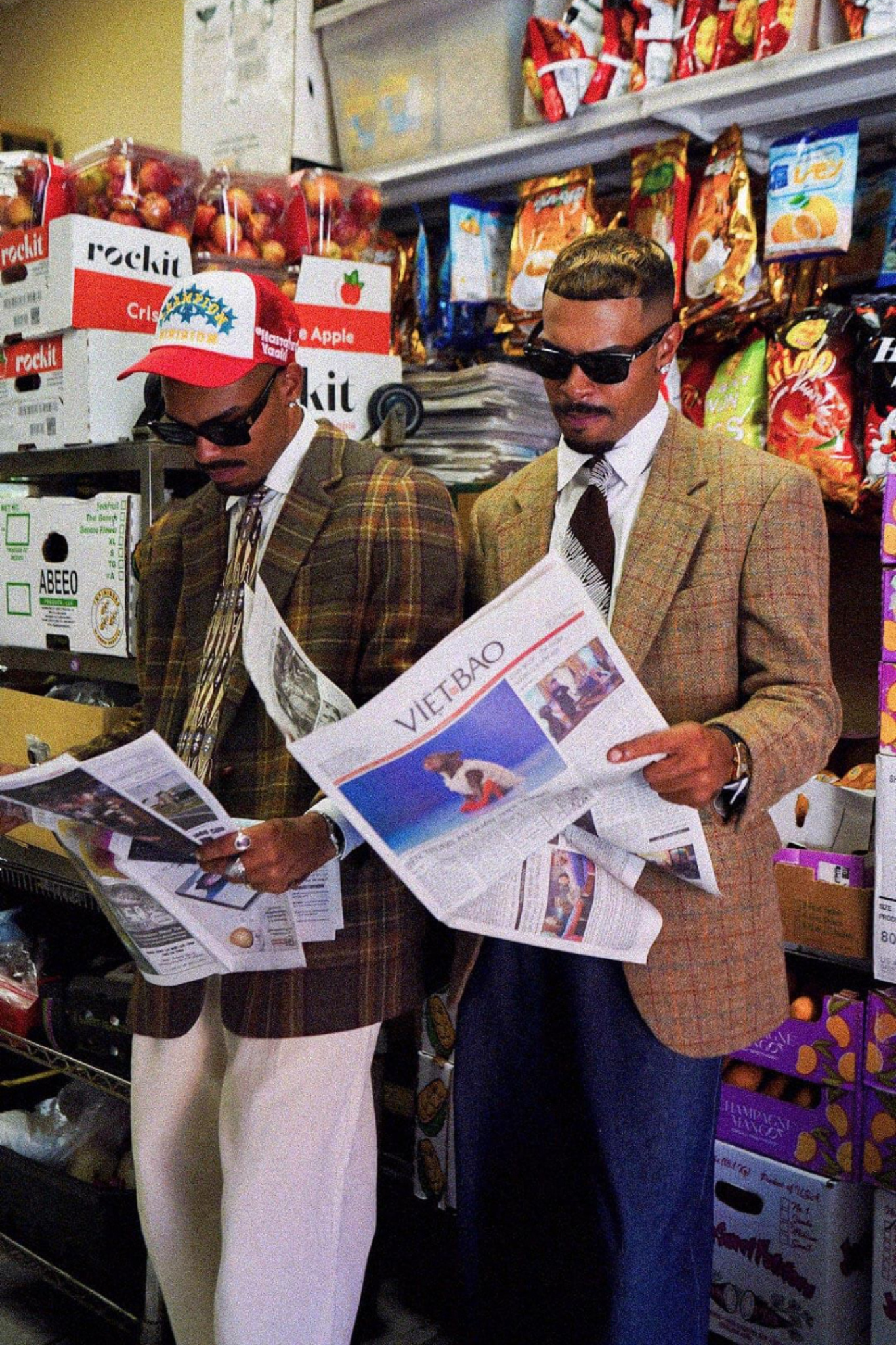 two male model in grocery store with mesh cap